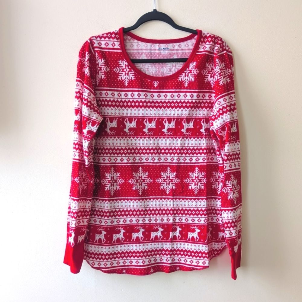 Old Navy Red Fair Isle Reindeer Thermal Knit Waffle Tee Shirt Top XL Tall - Picture 3 of 6